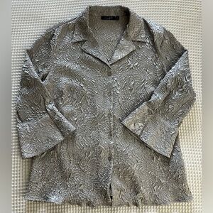 Vintage Metallic Textured Button-Down Blouse - silver, size XL